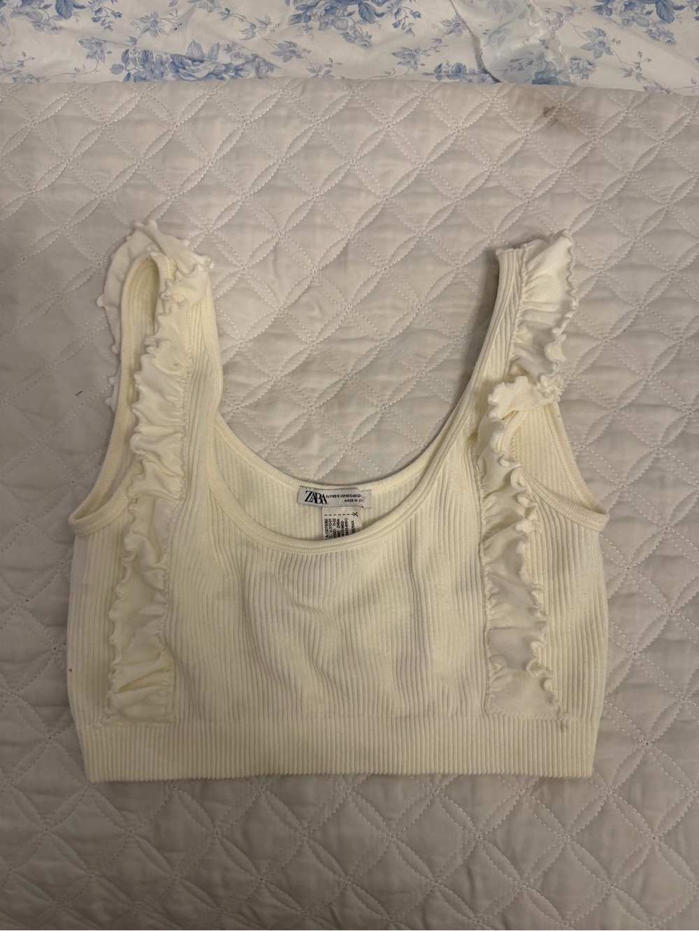 Zara Cream Ribbed Ruffle Crop Top